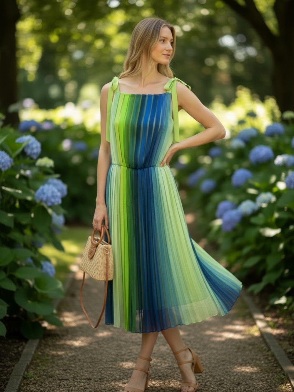 ELIE TAHARI Blue and Green Ombre Pleated Tie-Shoulder Midi Dress - Picture 3 of 7